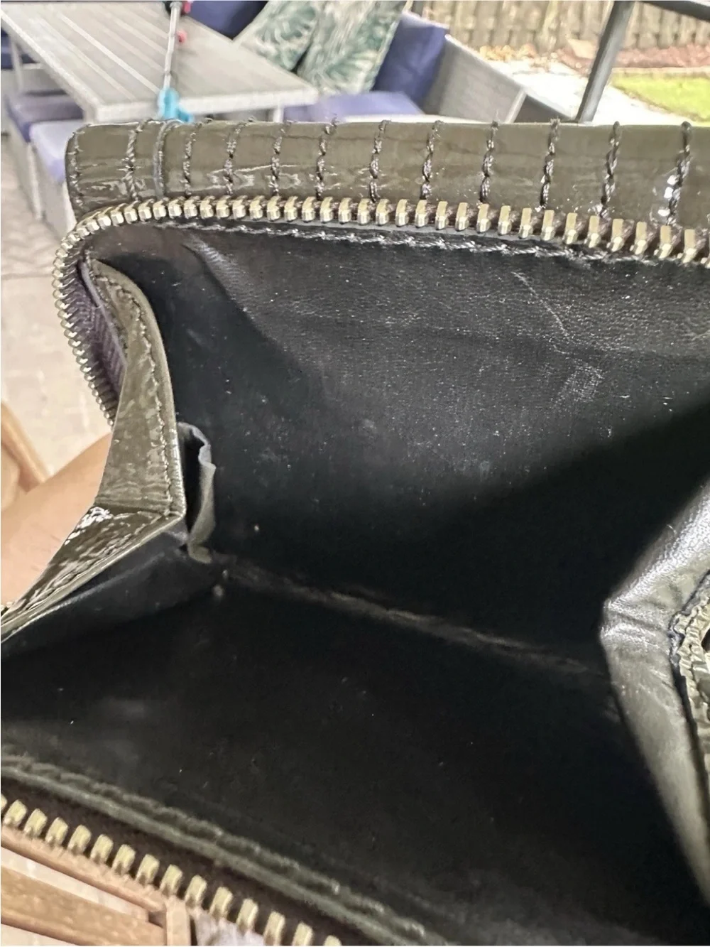 Chloé Olive Green Patent Leather Zip Around Wallet Authentic